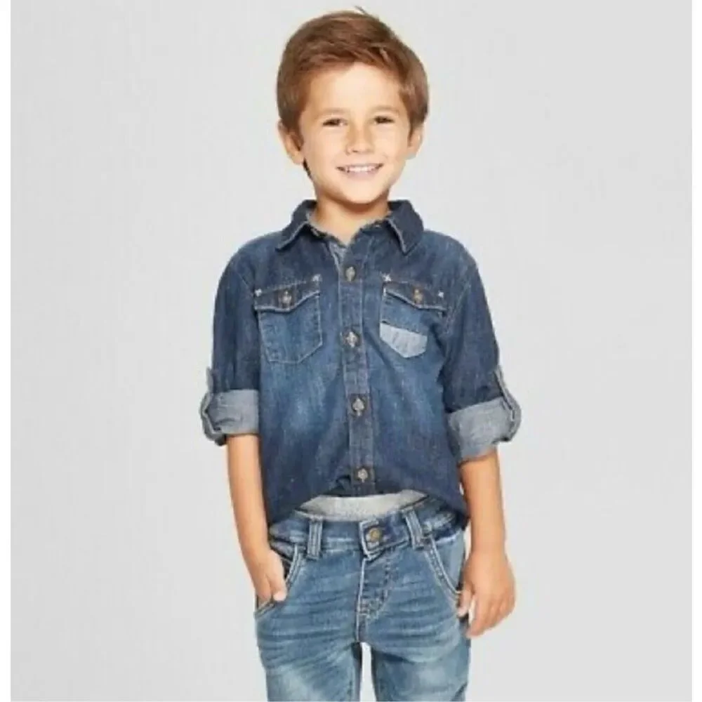Toddler Boys Genuine Kids Patchwork Denim Jean Button Down Shirt - Sz 4T